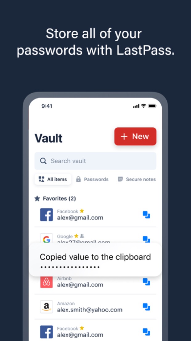 LastPass on an iPhone: the vault, with a password just copied.