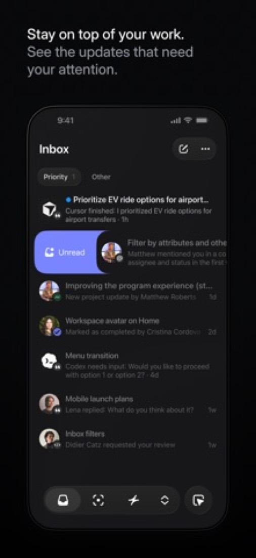 Linear on an iPhone: the inbox of updates.