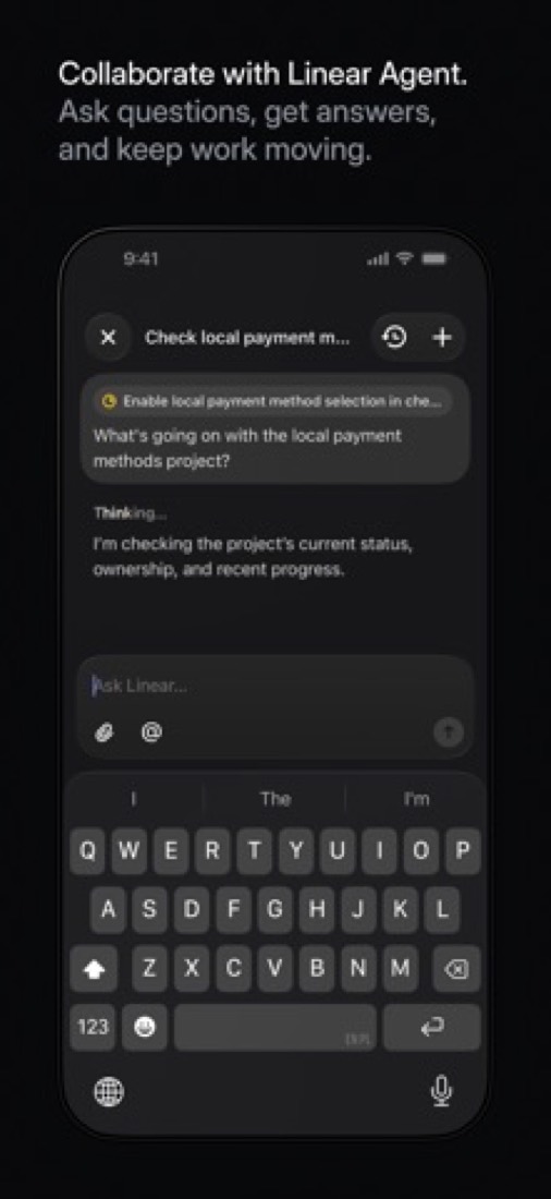 Linear on an iPhone: asking Linear Agent about an issue.