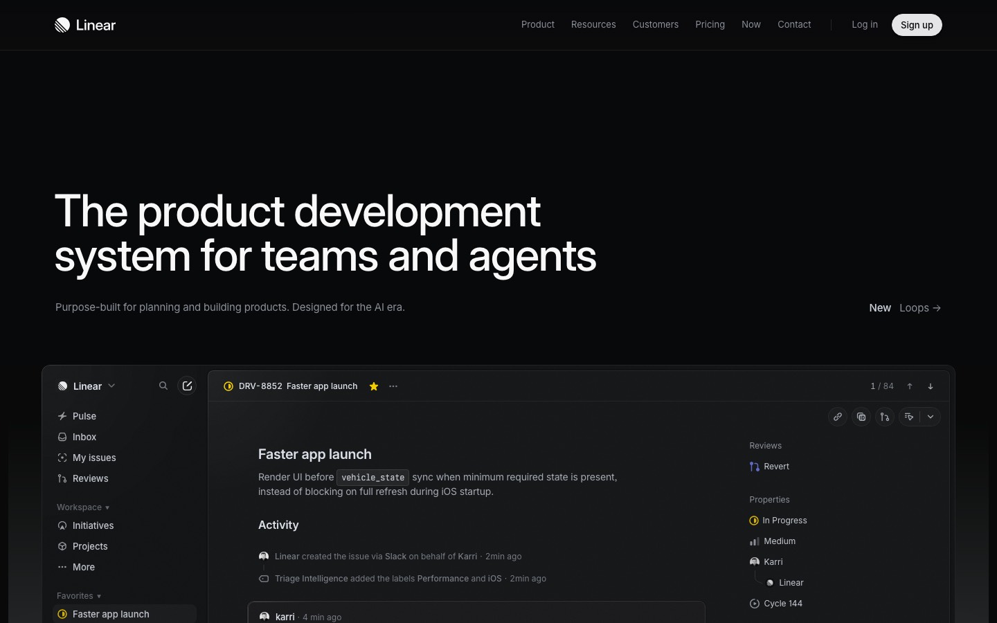 Linear's home page, with an issue open in the desktop app.