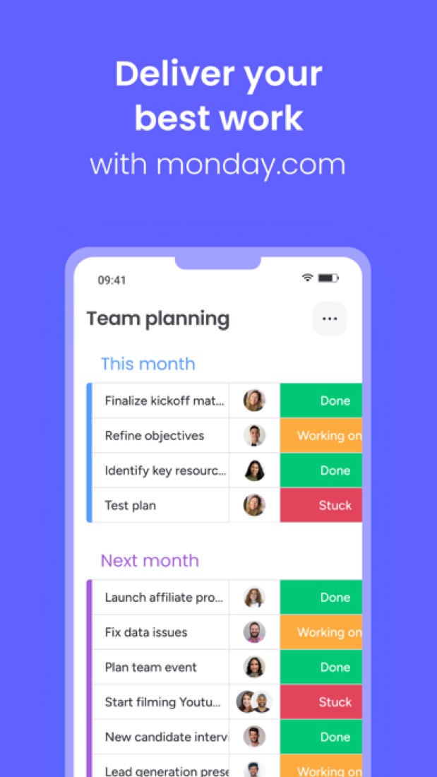 monday.com on an iPhone: a team planning board with a status on every item.