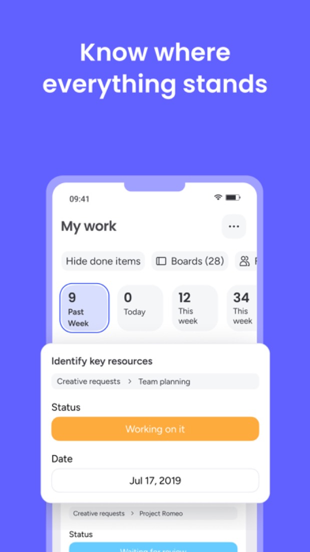 monday.com on an iPhone: My work, with one item's status and date open.
