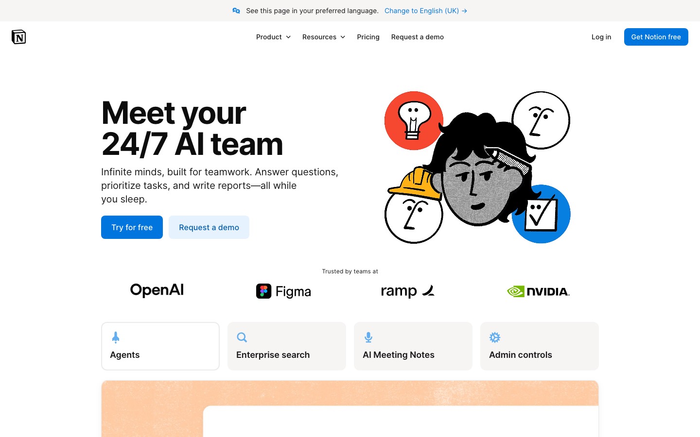 The top of Notion's page for its AI features.