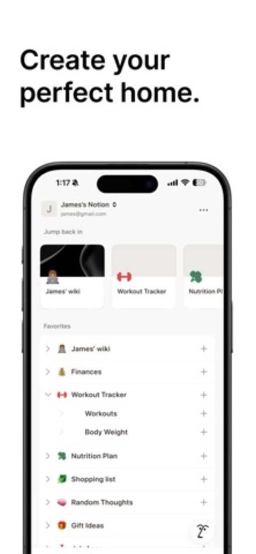 Notion on an iPhone: a workspace home.