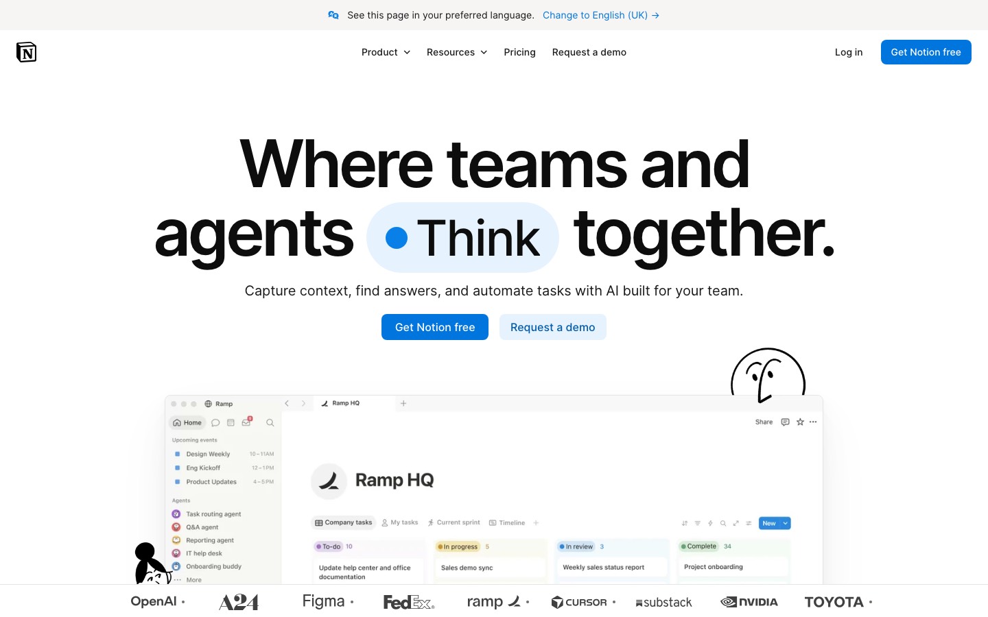 Notion's product page, with a team workspace and its agents in the sidebar.