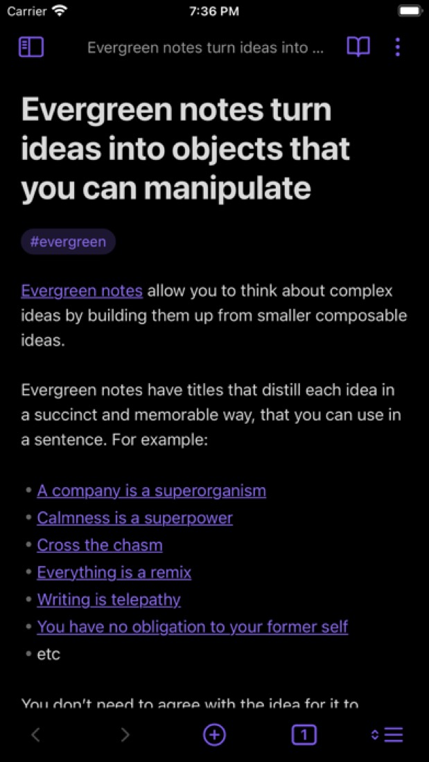 Obsidian on an iPhone: a note that links to other notes.