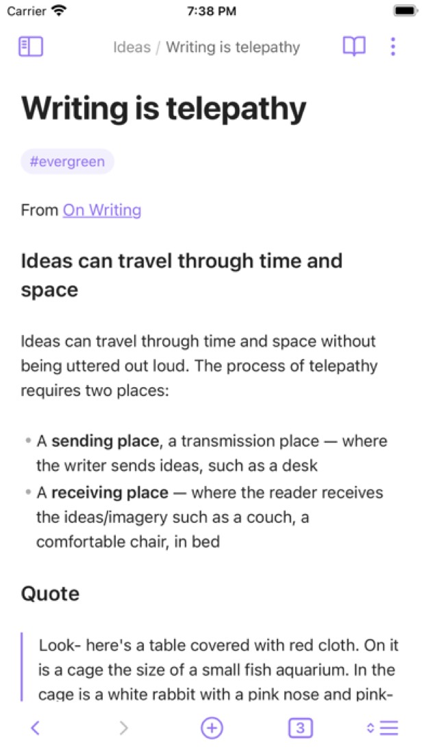 Obsidian on an iPhone: a note in reading view.