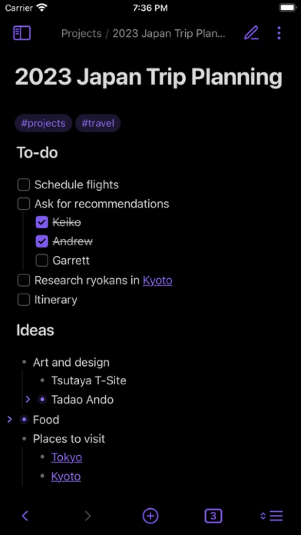Obsidian on an iPhone: a trip plan with a checklist.