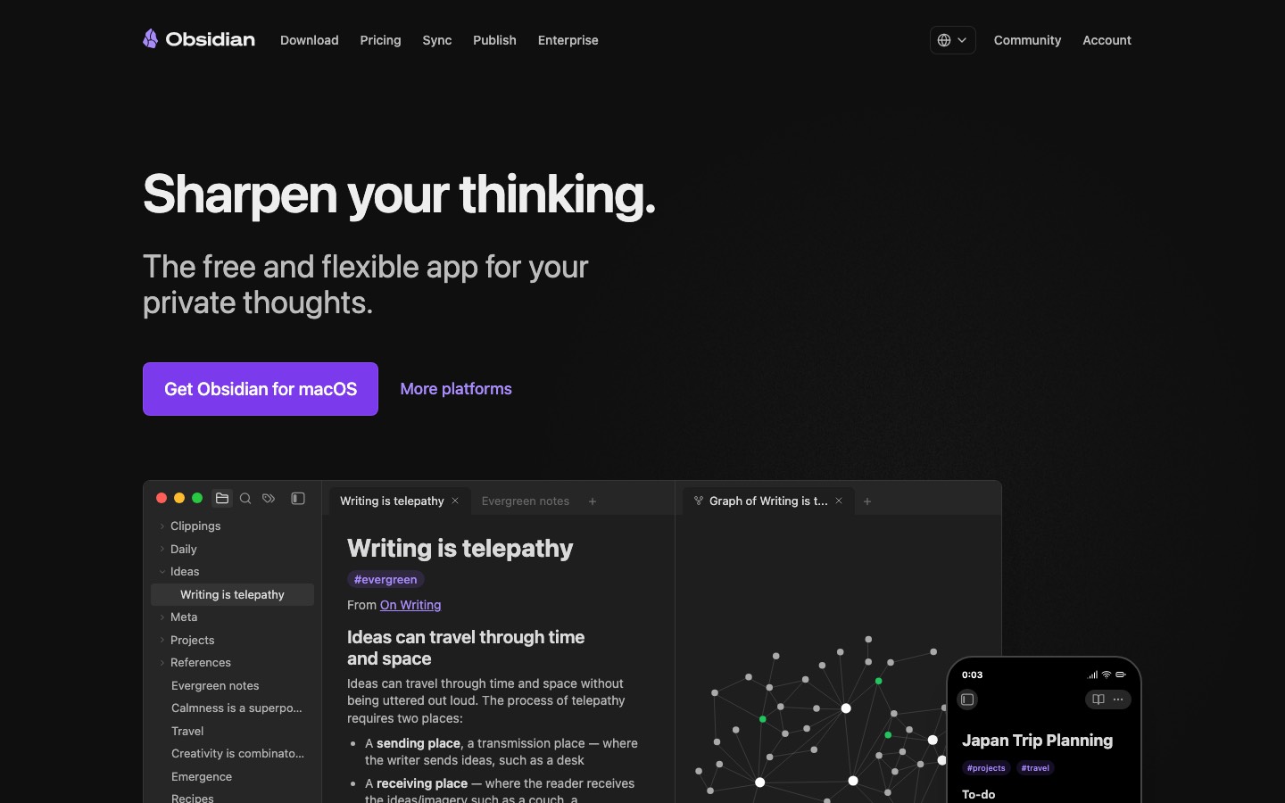 Obsidian's home page, with the desktop app and its graph view.
