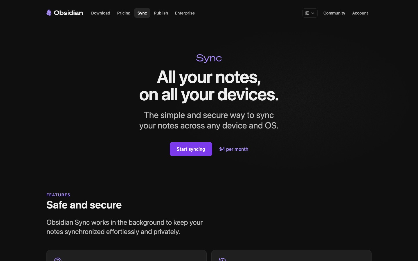 The top of Obsidian's page for its Sync add-on.
