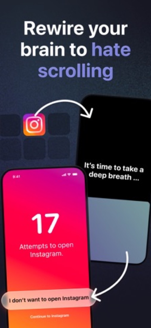 one sec on an iPhone: the breathing pause, then a count of attempts to open Instagram.