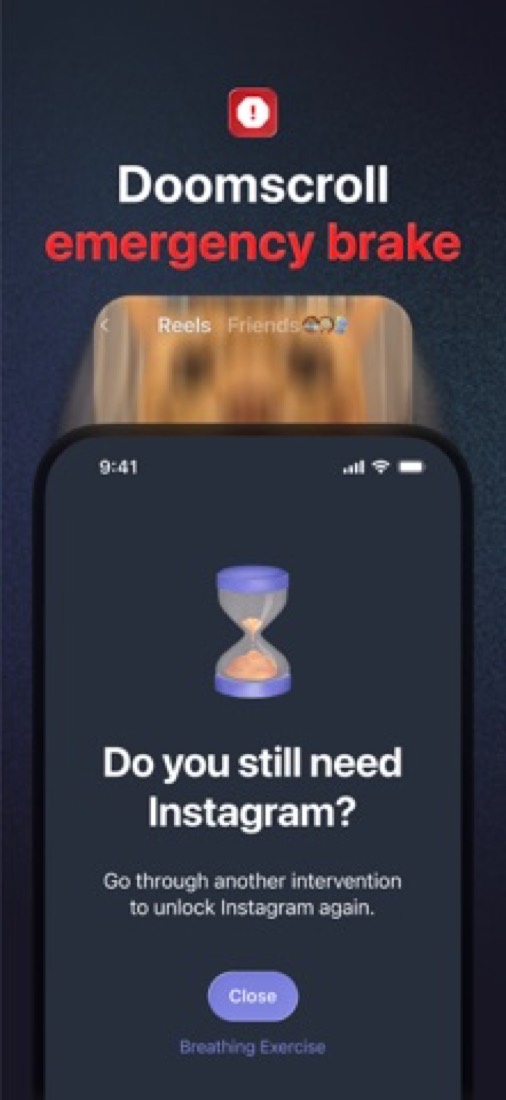 one sec on an iPhone: Re-Intervention asking whether you still need Instagram.