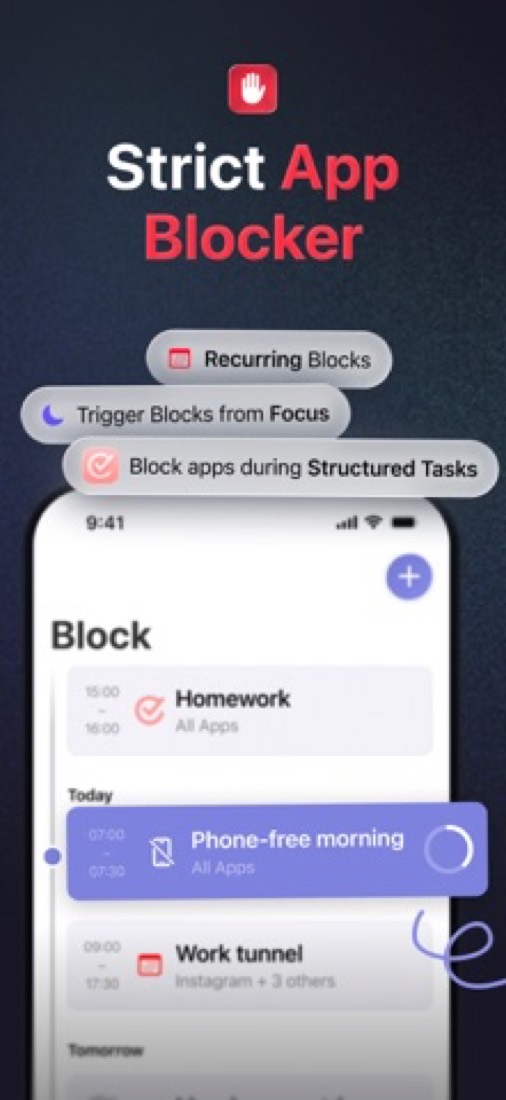 one sec on an iPhone: scheduled blocks, including a phone-free morning.