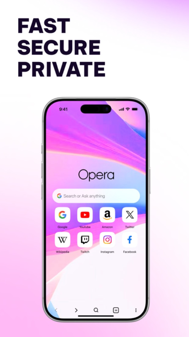 Opera on an iPhone: the start page, with search and shortcuts to sites.