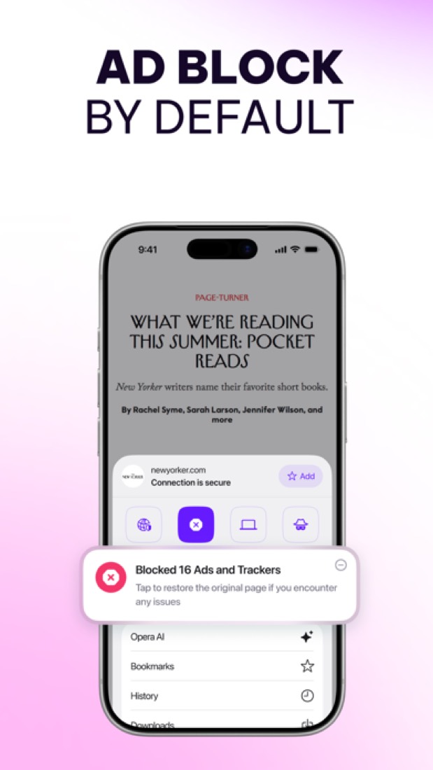 Opera on an iPhone: the page menu, showing 16 ads and trackers blocked.