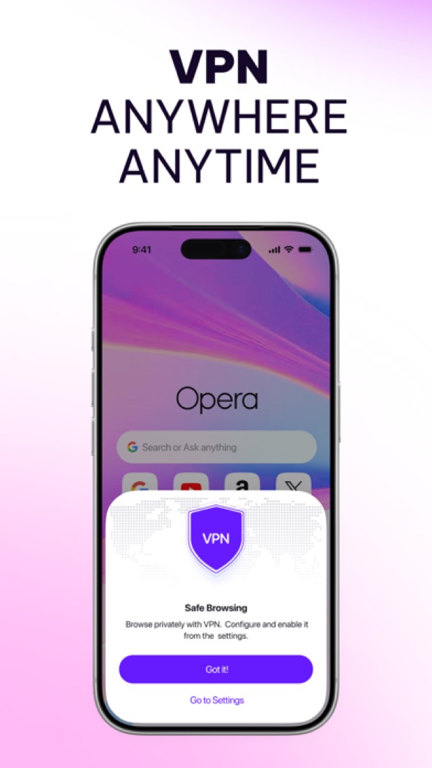 Opera on an iPhone: the prompt that points you to the built-in VPN.
