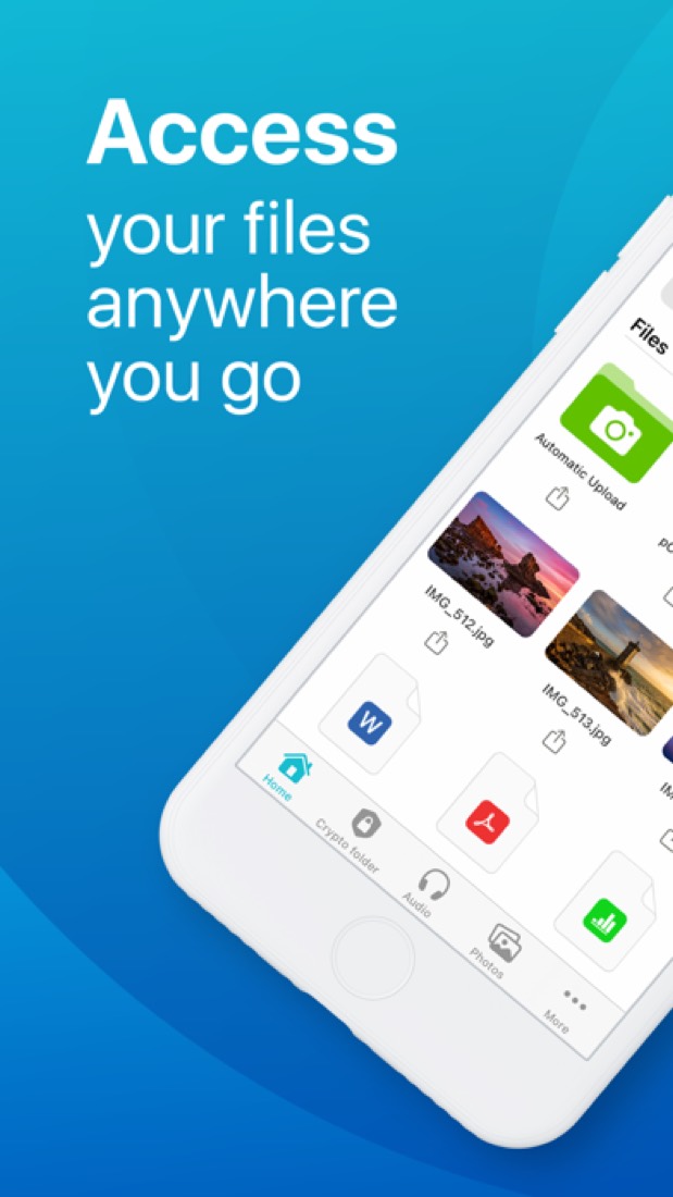 pCloud on an iPhone: the home screen, with folders, photos and documents.