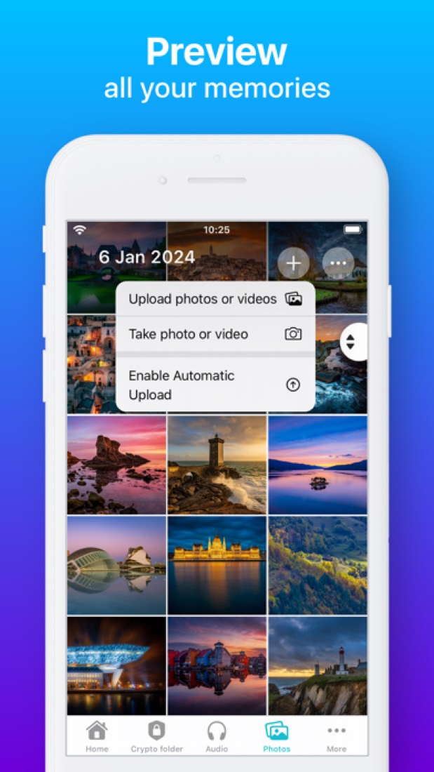 pCloud on an iPhone: the photo grid, with the menu for adding more.