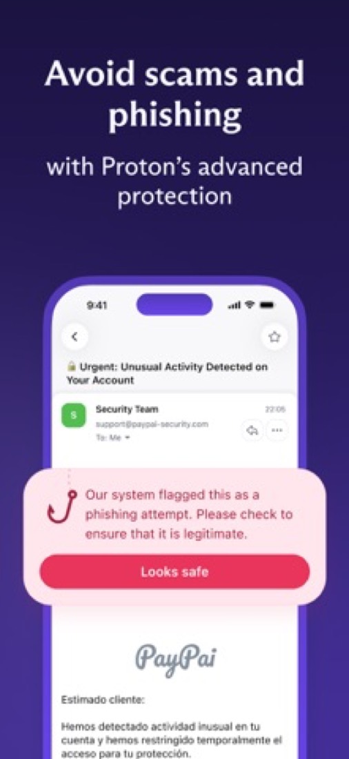 Proton Mail on an iPhone: a warning on an email flagged as phishing.