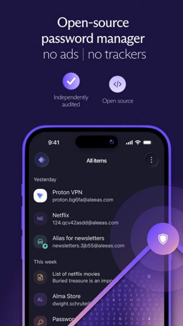 Proton Pass on an iPhone: the list of saved items, with logins that use email aliases.