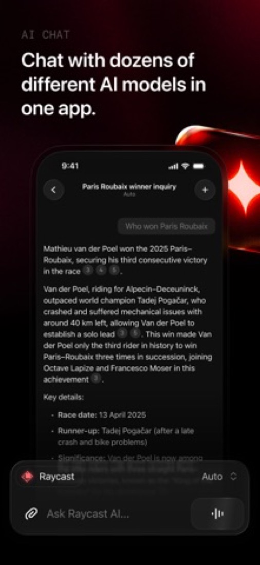 Raycast's iPhone app: AI Chat answering a question, with numbered sources.