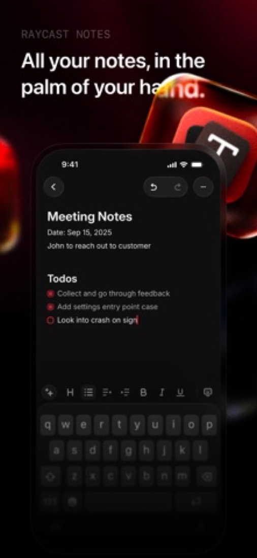 Raycast's iPhone app: a meeting note with a to-do checklist.
