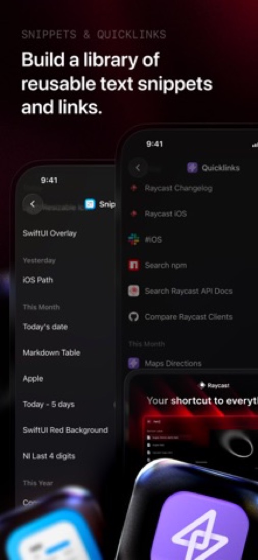 Raycast's iPhone app: saved snippets and quicklinks.