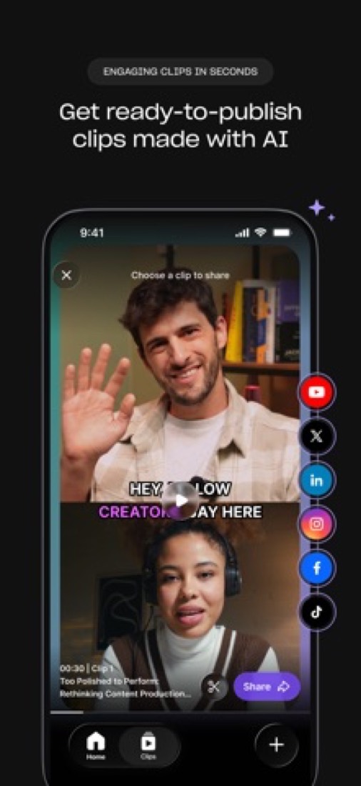 Riverside on an iPhone: picking an AI-made clip to share on social apps.