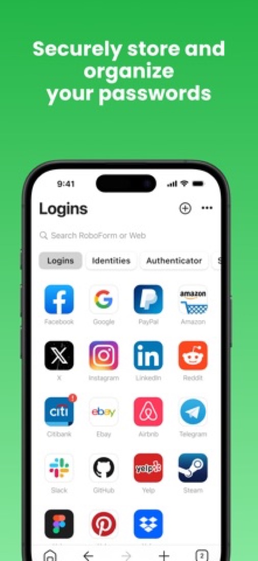 RoboForm on an iPhone: saved logins laid out as a grid of icons.
