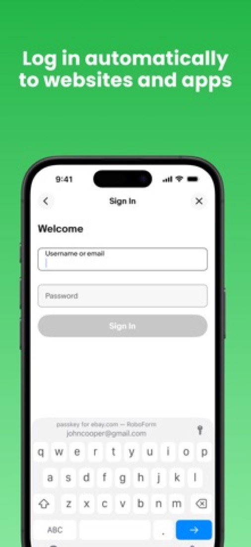 RoboForm on an iPhone: offering a saved passkey above the keyboard at sign-in.