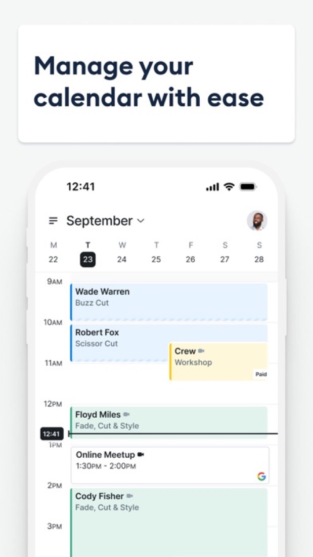 Setmore on an iPhone: a day of booked haircuts, a workshop and an online meetup.