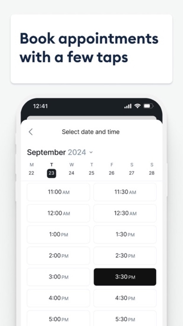 Setmore on an iPhone: picking a date and time for an appointment.