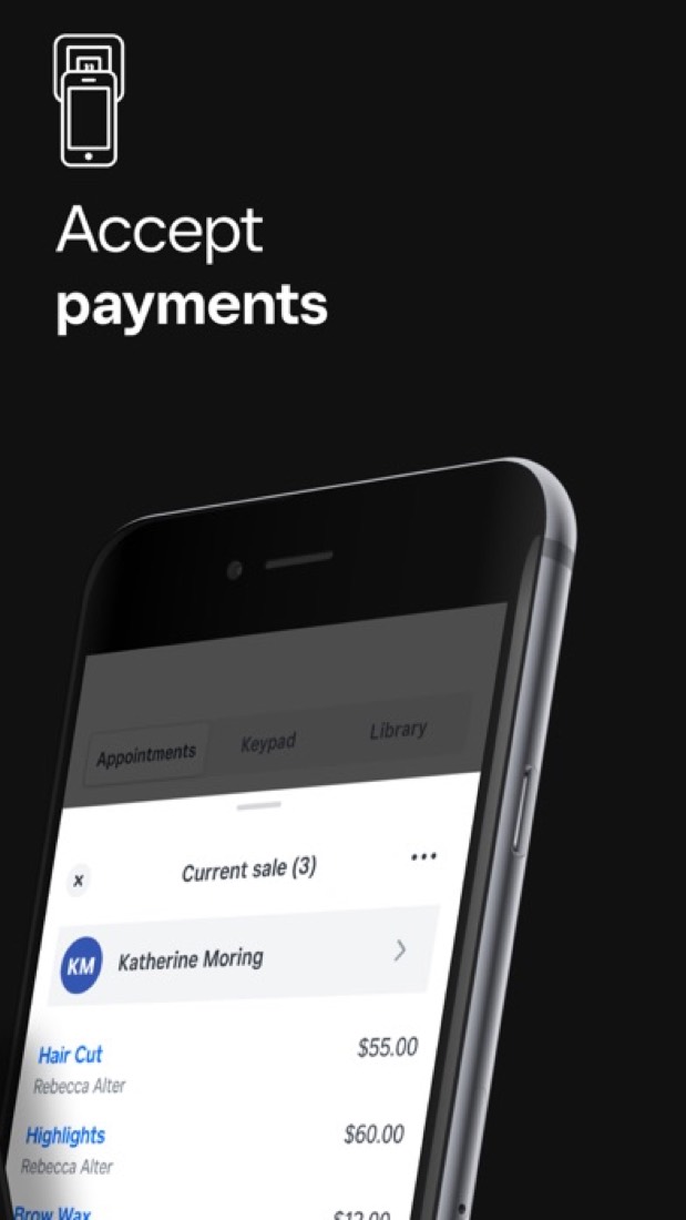 Square Appointments on an iPhone: a haircut and highlights rung up at checkout.