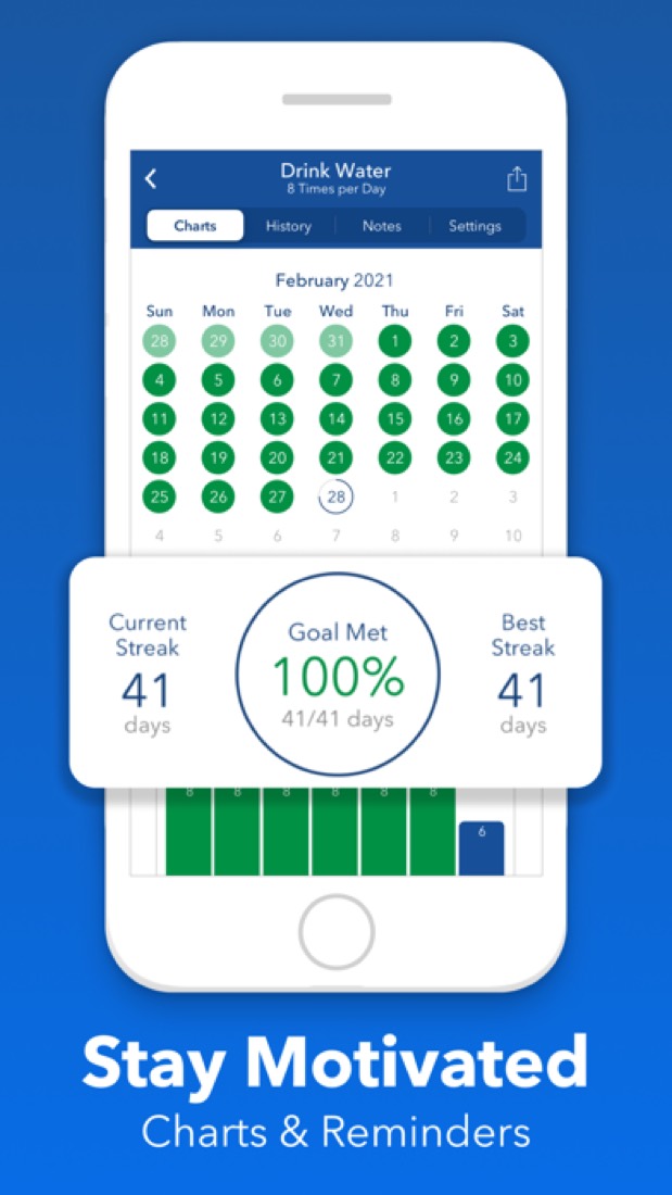 Strides on an iPhone: a habit's calendar and streak for drinking water.