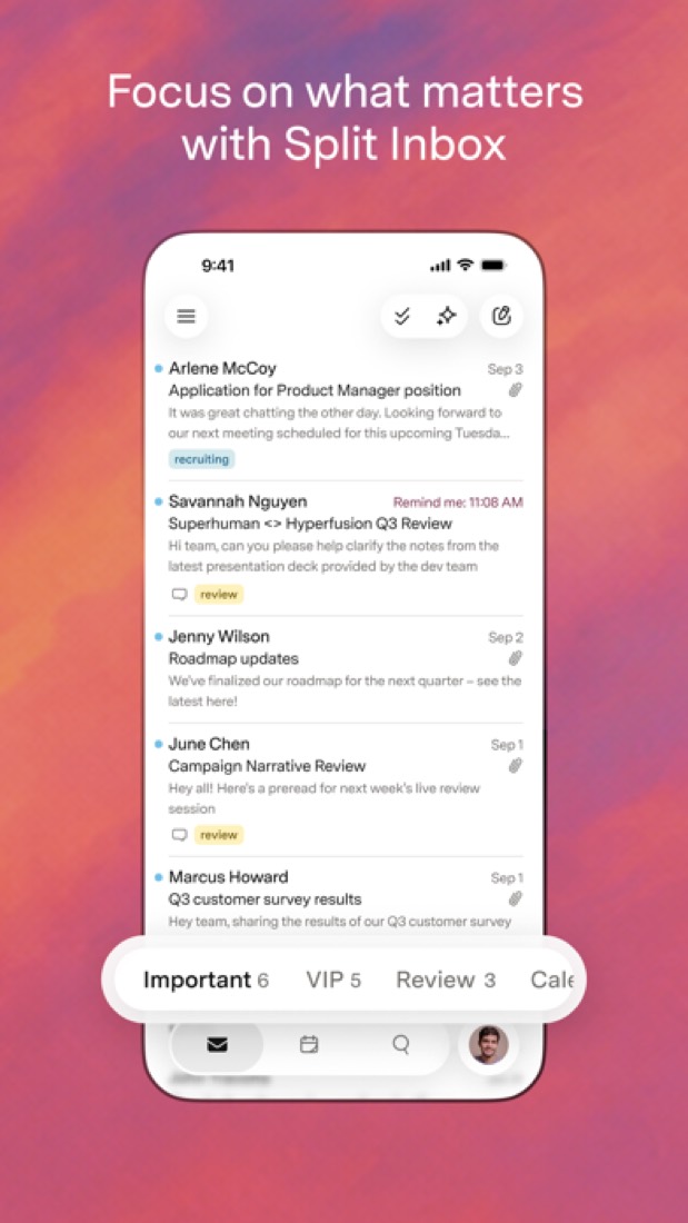 Superhuman Mail on an iPhone: Split Inbox.