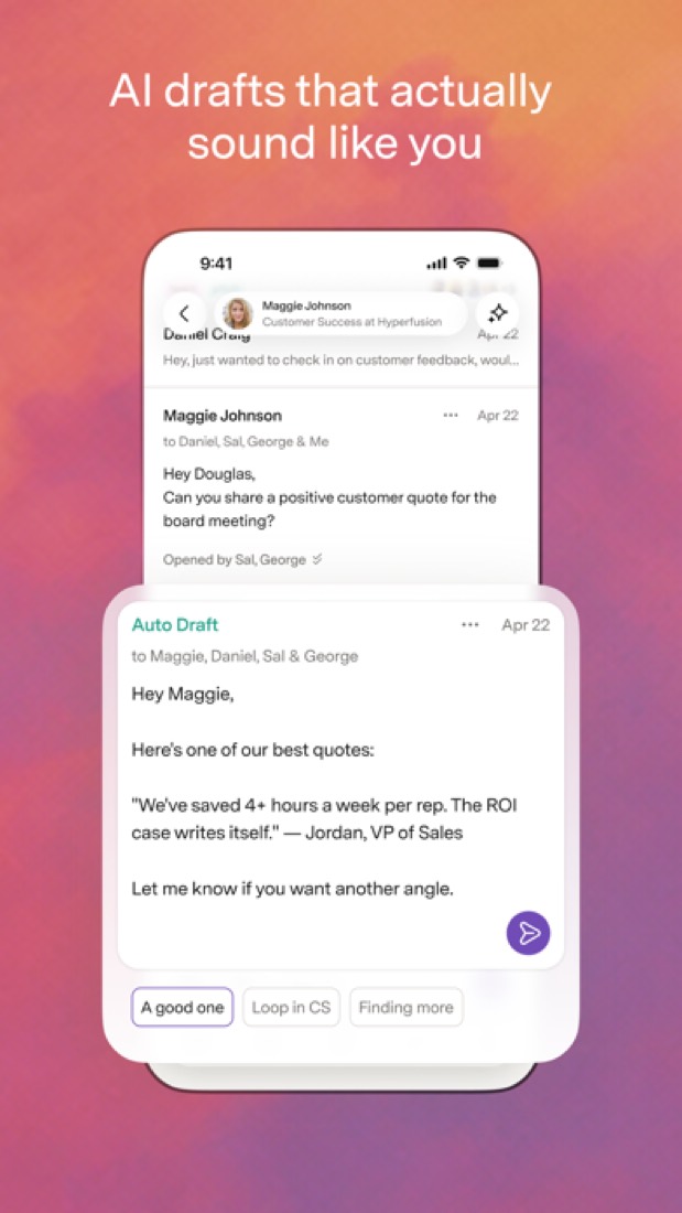 Superhuman Mail on an iPhone: an AI draft of a reply.