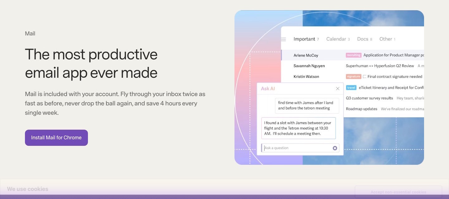 Superhuman's page for Mail, showing Split Inbox and Ask AI on desktop.