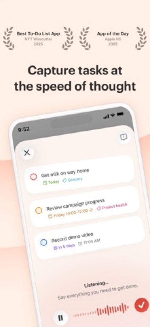 Todoist on an iPhone: capturing a task by typing it.