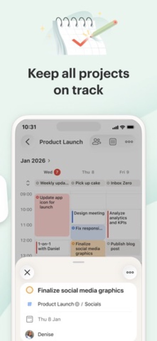 Todoist on an iPhone: a project laid out by date.