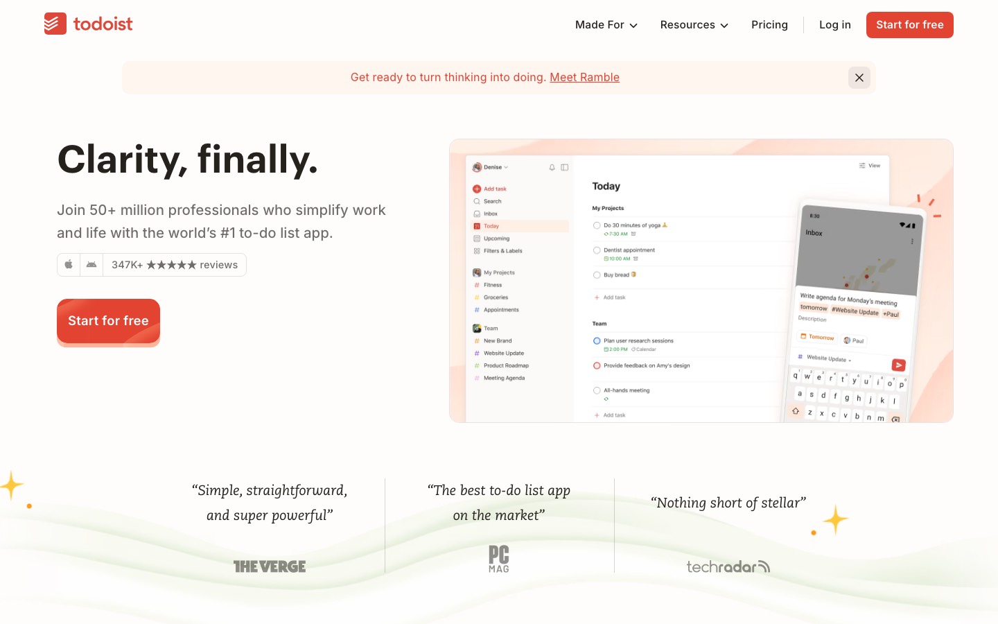 Todoist's home page, showing the Today view on desktop and quick entry on a phone.