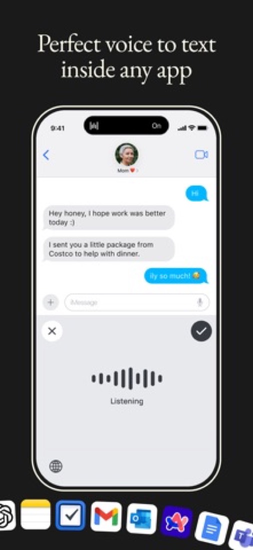 Wispr Flow on an iPhone: its keyboard listening inside Messages.