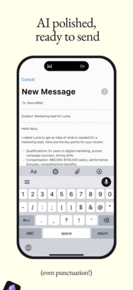 Wispr Flow on an iPhone: a dictated email, punctuated and set out in bullet points.