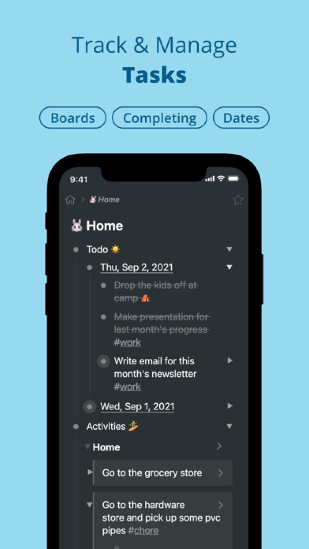 Workflowy on an iPhone: to-dos listed under dates, with finished ones crossed out.