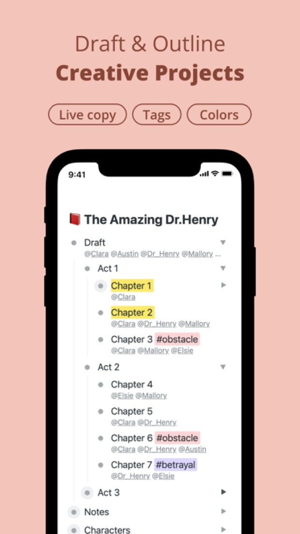 Workflowy on an iPhone: a story outlined as acts and chapters, with tags.
