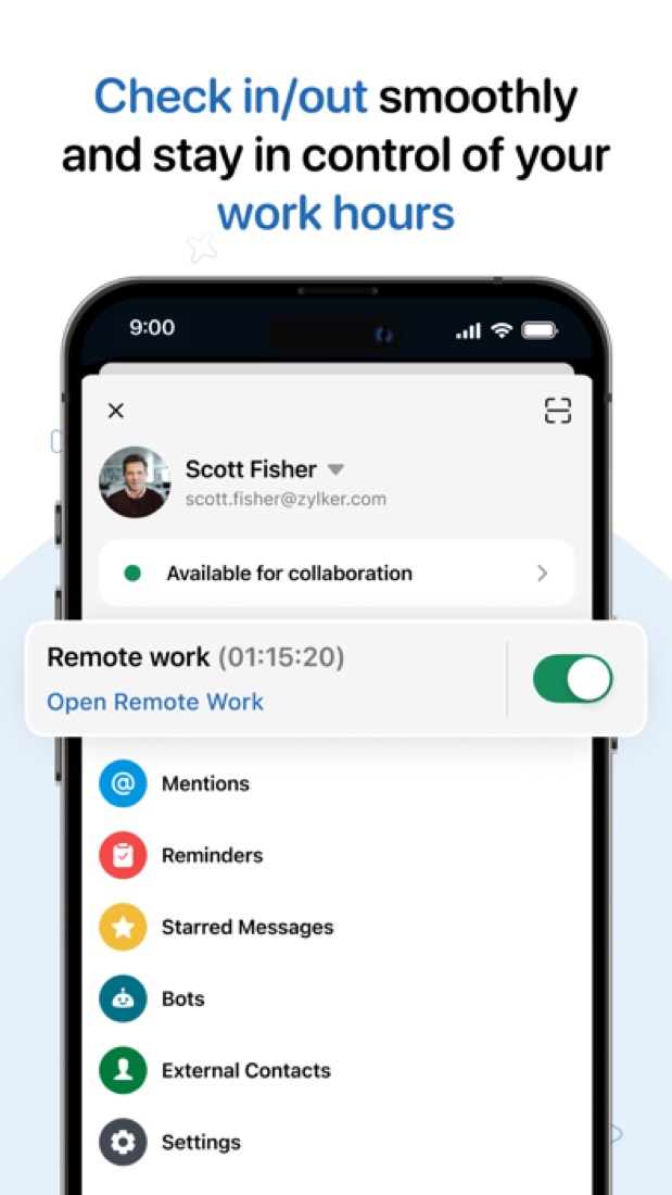 Zoho Cliq on an iPhone: the profile menu, with a switch for checking in to remote work.