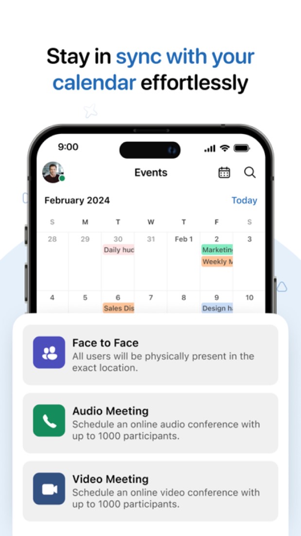 Zoho Cliq on an iPhone: the events calendar and the choice of meeting type.