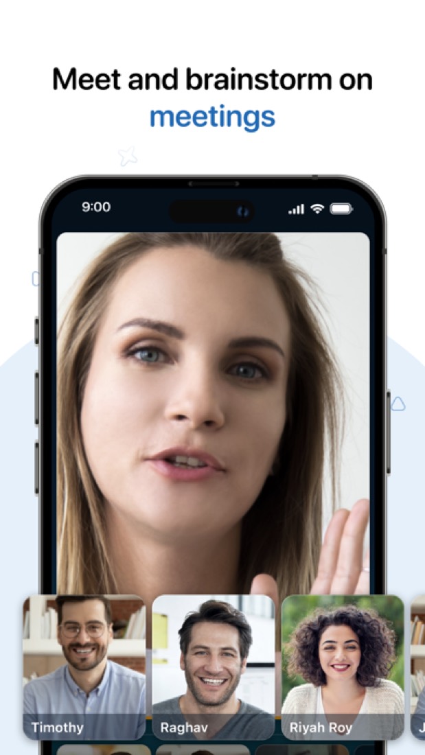 Zoho Cliq on an iPhone: a video meeting with several people in it.
