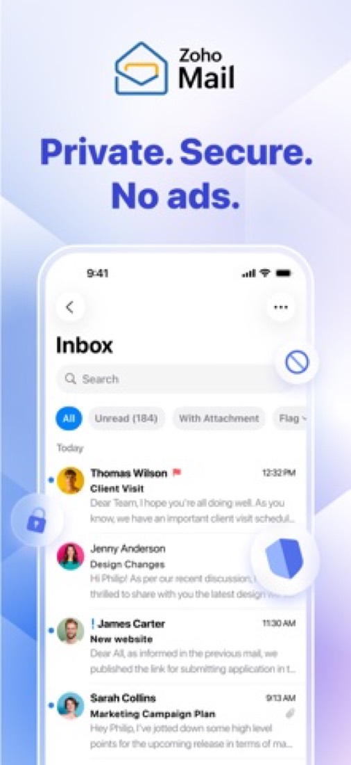 Zoho Mail on an iPhone: the inbox, with filters for unread mail and attachments.