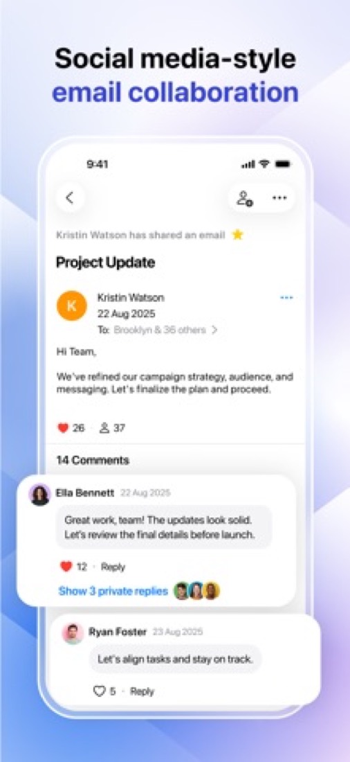 Zoho Mail on an iPhone: a shared email with likes and comments under it.