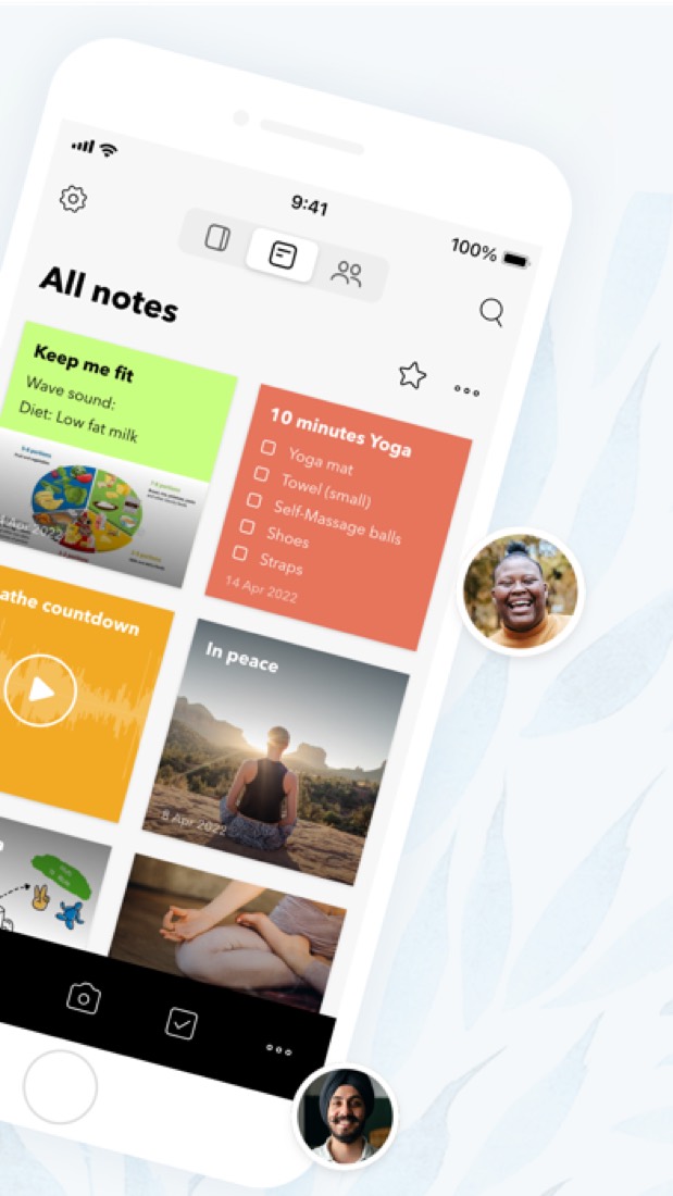 Zoho Notebook on an iPhone: notes laid out as coloured cards.